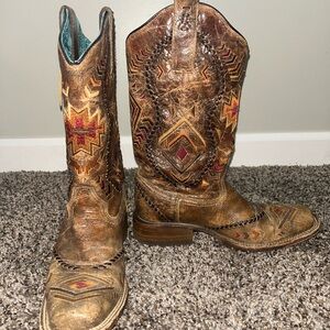 Brown Western Cowboy Boots with Red and Yellow Accents